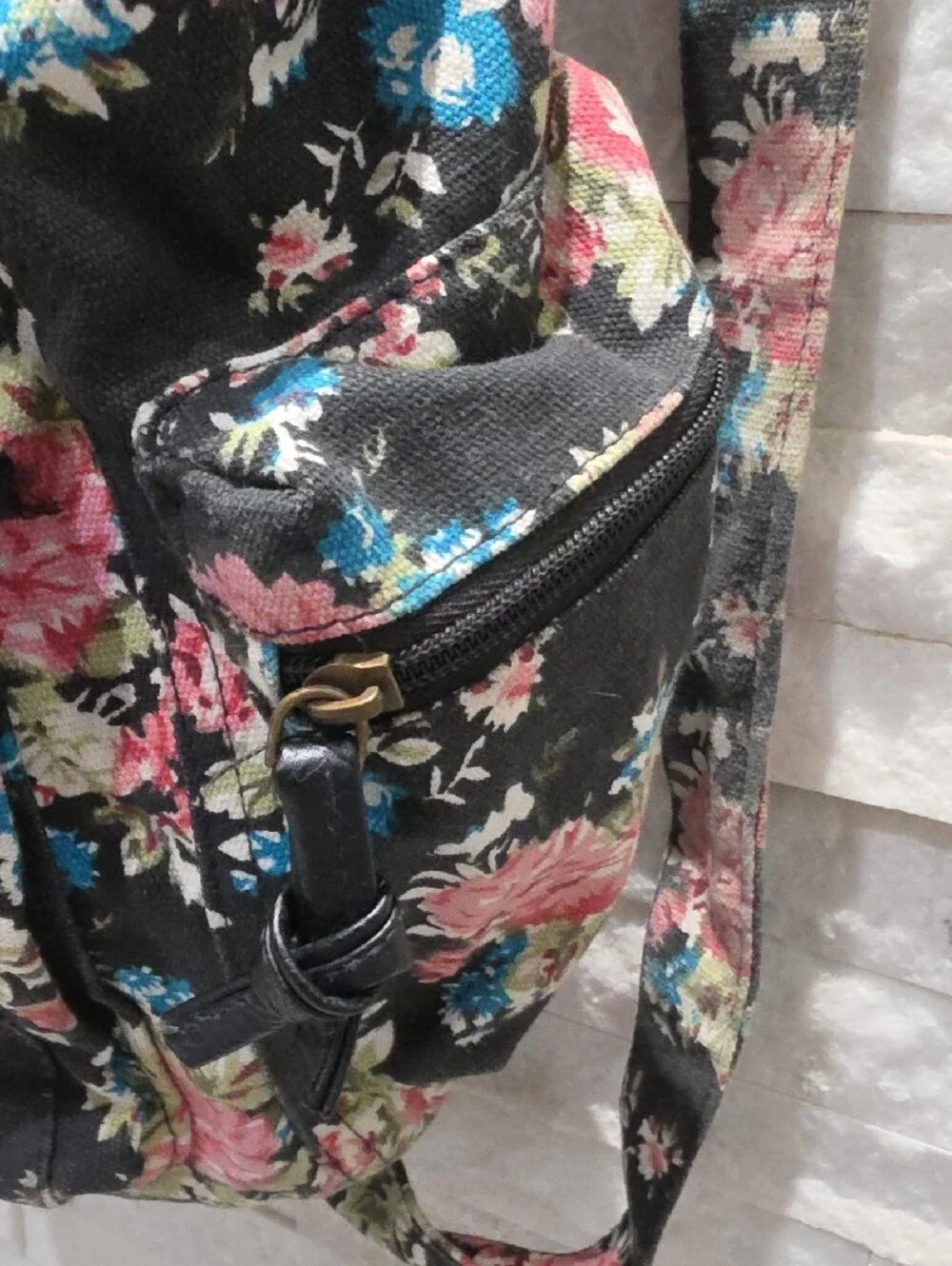 Stone Mountain Accessories Black Floral Canvas Backpack with Pink & Blue Blooms